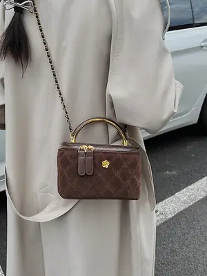 Women Diamond Embroidery Satchel Box Brown 2025