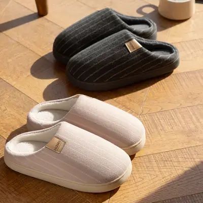 Women Cotton Striped Slippers Winter Warm Indoor