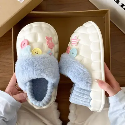 Women's Pink Star Cotton Slippers Winter Soft