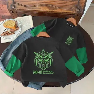 Boys Long Sleeve Fake Two-Piece T-Shirt Black Green Cartoon Bottoming Shirt Korean Style