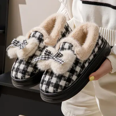 Cross-Border Cotton Slippers New Autumn and Winter Cotton Shoes with Plush Lining, Warm Soft-Soled Maternity Shoes for Women, Japanese-Style Bow Cotton Shoes