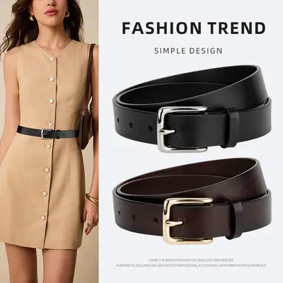 Women's Black Genuine Leather Belt Casual Gold Buckle
