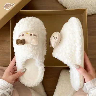 Cute Hello Kitty Furry Slippers Women Warm Cotton Winter Slippers