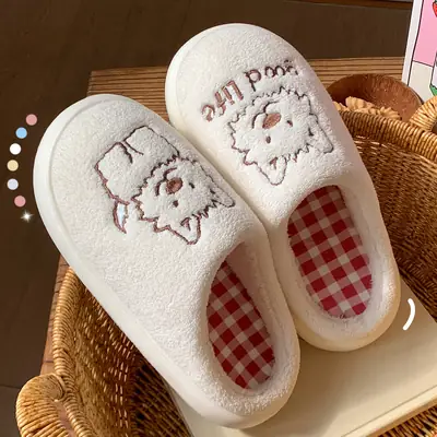 Cute Puppy Cotton Slippers Women Winter Warm