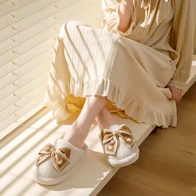 Bow-Knot Cotton Slippers for Women, Autumn and Winter Home Indoor Warm Plush Thick-Soled Non-Slip Confinement Cotton Slippers