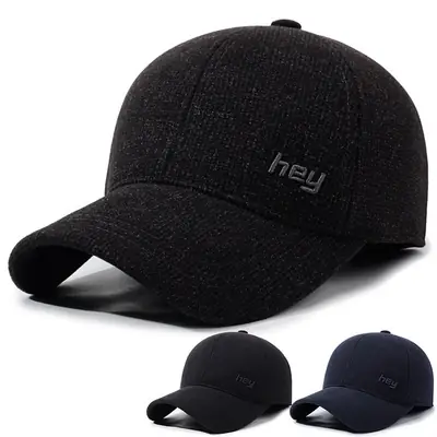 Men Black Cotton Baseball Cap Winter Wear