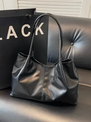 Black Leather Tote Bag Large Capacity Crossbody School Bag