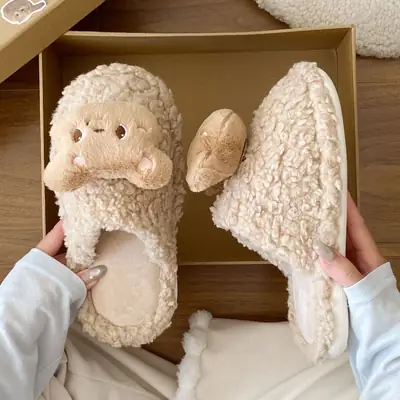 2025 New Ragdoll Bear Cotton Slippers Women's Autumn Winter Wearable Soft Sole Plaid Anti-Slip Home Stuffed Slippers