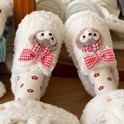 Cute Cartoon Furry Slippers for Women White Bear Design