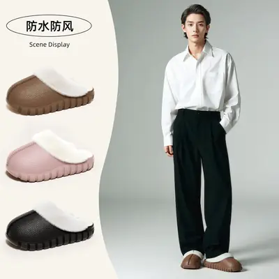 2025 New Baotou Confinement Shoes Winter Plush Warm Non-Slip Silent Thick-Soled Indoor Home Cotton Slippers for Women and Men