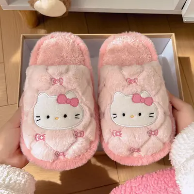 Nanbowan Cotton Slippers for Women in Winter Cartoon Cute Home Fleece-Lined Warm Outer Wear Girly Heart Furry Cotton Slippers for Women