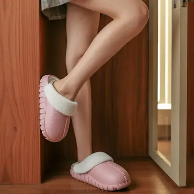 Pink Waterproof Plush Slippers for Indoor Home Warmth
