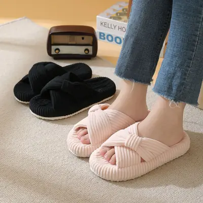 Cross-Border New Corduroy Cross Cotton Slippers for Home Wholesale Autumn Home Warm Indoor Adhesive Thick-Soled Cotton Slippers