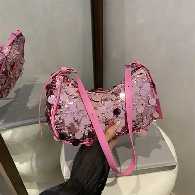 Pink Sequin Shoulder Bag Large Capacity Single Strap