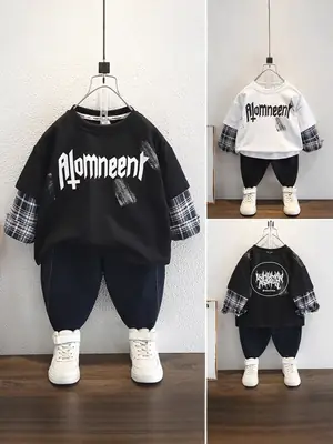 9563 Boys Long Sleeve T-Shirt White Black Plaid 2026 Spring