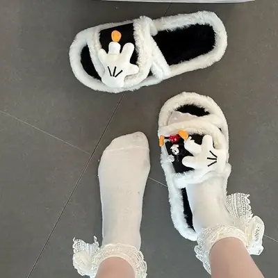 Cute Cartoon Mickey Gloves Open-Toe Furry Slippers for Women 2026 Autumn and Winter New Style Patchwork One-Strap Cotton Slippers Trendy Shoes