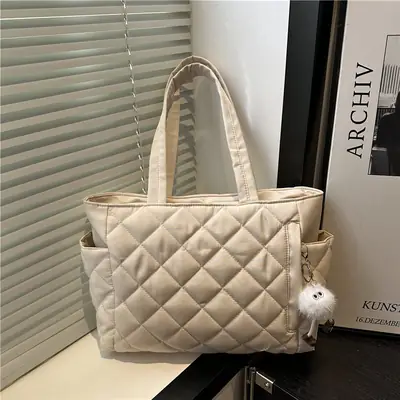 Quilted Cotton Commuting Bag Women Large Capacity Beige