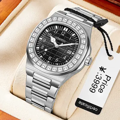 Men's Quartz Watch with Diamond Ring & Luminous Dial