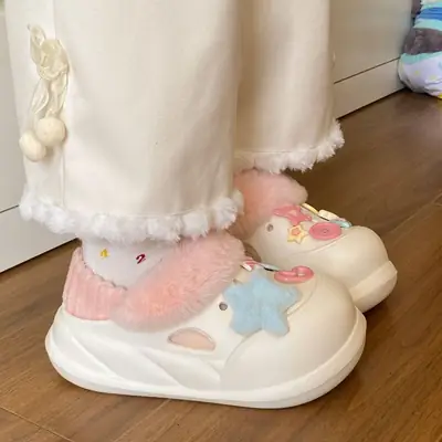 2025 Winter Cotton Slippers Women White Blue Star Decor