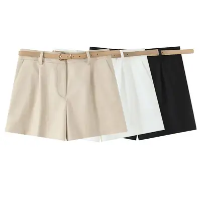 Elegant Women's Pleated Belt Shorts Cream 2025
