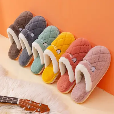 Women Cotton Plush Slippers Red White Non-Slip