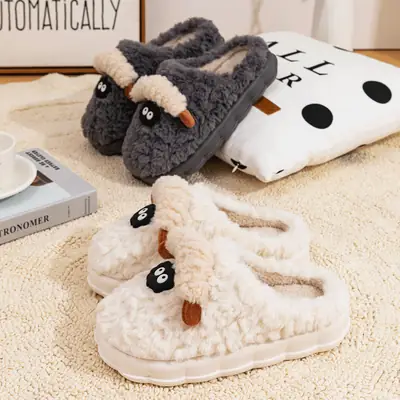 Cute Cotton Slippers for Women in Winter Indoor Home Thick-Soled Fleece-Lined Warm Couple Plush Cartoon Lamb Cotton Slippers for Men
