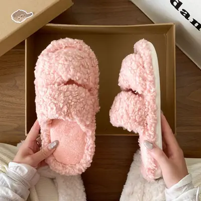 Women's White Fur Stuffed Cotton Slippers Winter