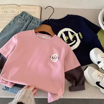 Kids Base Layer Shirt Smiley Face Color Matching Long Sleeve