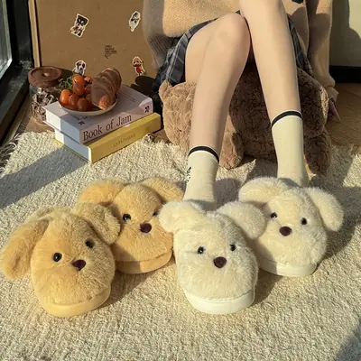 Cute Furry Puppy Winter Slippers Non-Slip Warm Men Women