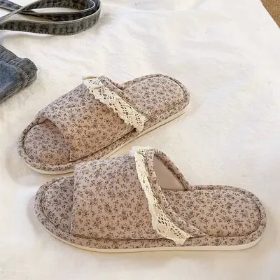 Women Floral Lace Slippers Cotton Linen All Season