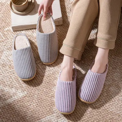 Women's Striped Cotton Slip-On Slippers All Season Soft Soled