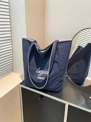 Striped Lazy Style Canvas Tote Bag Blue Large Capacity