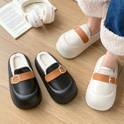 Women's White Winter Plush Eva Slippers with Buckle Strap