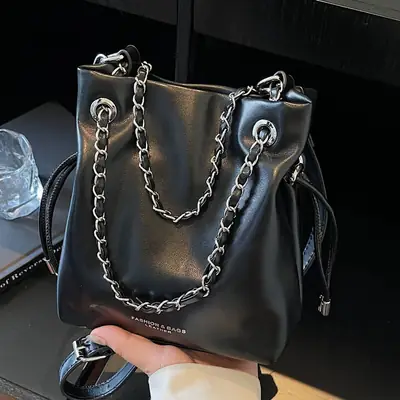 Black Leather Chain Shoulder Bag for Women 2025