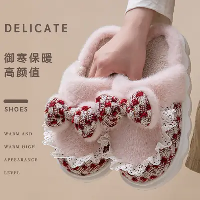 Cartoon Bow Maternity Slippers for Autumn and Winter, Home Living Room and Bedroom, Warm Fleece-Lined, Soft-Soled, Lightweight Cotton Slippers