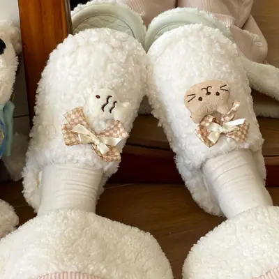Women's Velvet Bow Slippers Winter Warm Cotton