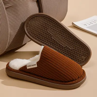 Corduroy Warm Slippers for Men Women Brown Fleece Lined