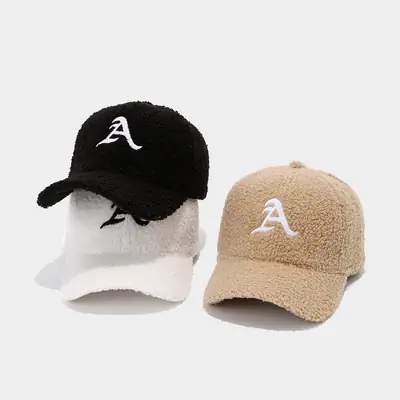 Winter Plush Cap Beige White Letter Men Women