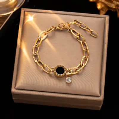 Gold Chain Bracelet with Black Diamond & Crystal Drop