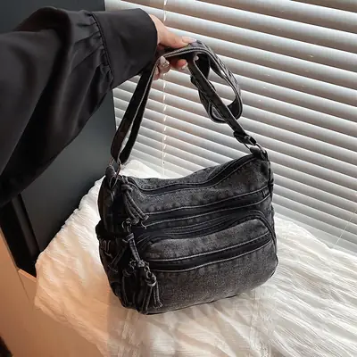 Women's Distressed Denim Crossbody Bag Large Capacity Casual Tote