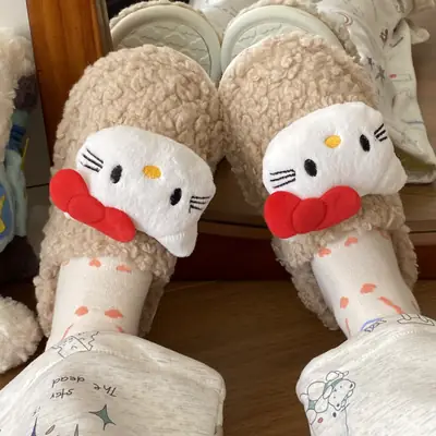 Hello Kitty Furry Slippers Women Pink Thick Non-Slip