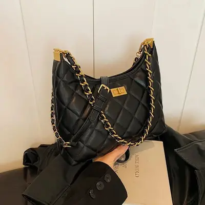 Black Quilted Shoulder Bag with Gold Chain for Women