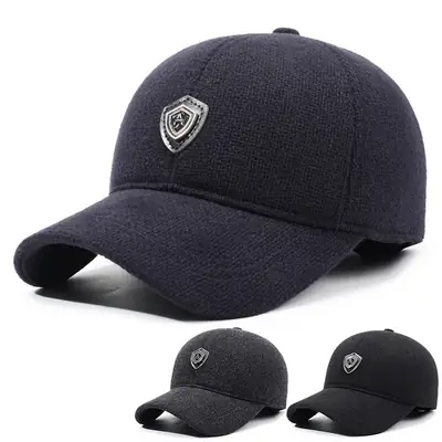 Middle-Aged Black Velvet Peaked Cap with Ear Protection