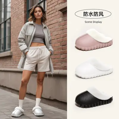 Men's Cotton Slippers with Thick Soles and Closed Toe, Women's Style, Plush Slippers for Warmth, Suitable for Home Use in Autumn and Winter, New Indoor Version with Added Fleece