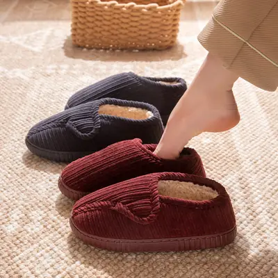 Warm Fleece Lined Cotton Slippers Brown Middle Age Elderly
