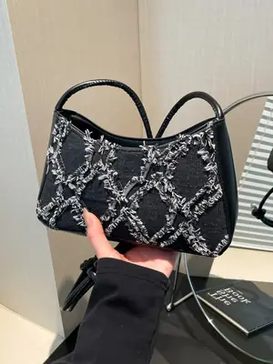 2026 Black Crescent Shoulder Bag with White Embroidery
