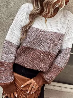 Women Knitted Crossbody Sweater White Brown Long Sleeve