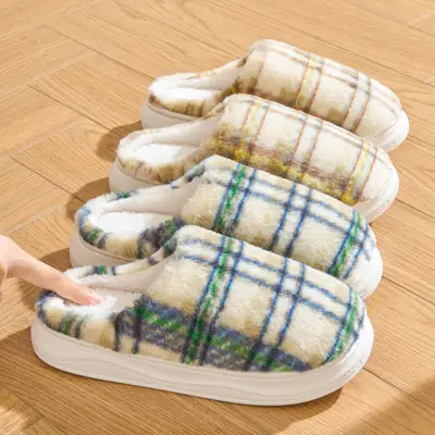 Women Warm Plaid Cotton Slippers Winter Indoor