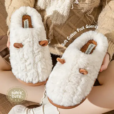 Cotton Slippers for Women Autumn and Winter 2024 New Indoor Home Non-Slip Household Fleece-Lined Couple Furry Ear Slippers