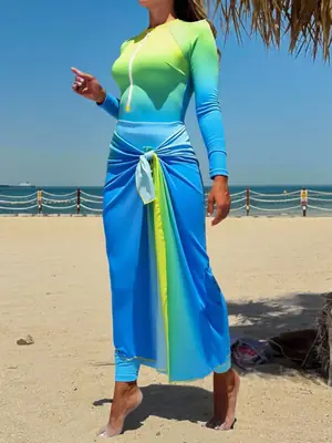 Women's Burkini Long Pants Mesh Skirt Swimsuit Set Casual Vacation Gradient Color Summer Beachwear